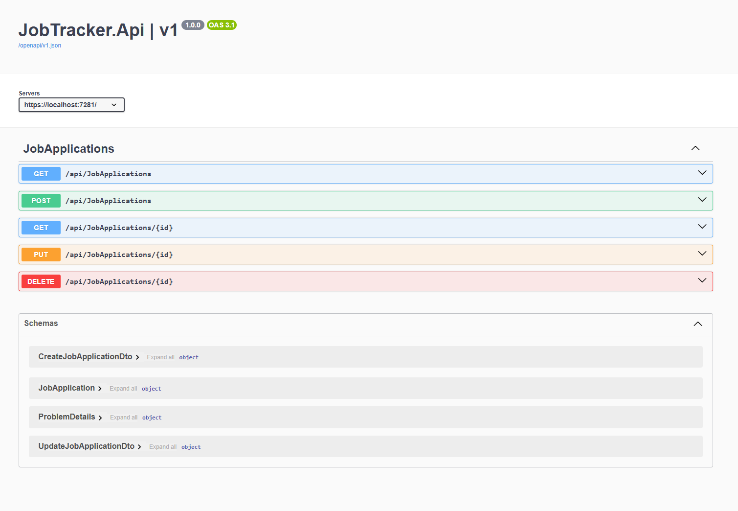 Job Tracker API Swagger endpoint preview